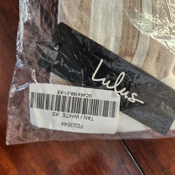 LULUs Tan & White Stripped Button Front Mini Dress (XS) |*SMOCK BACK 2 FIT BOOBS - Picture 6 of 7